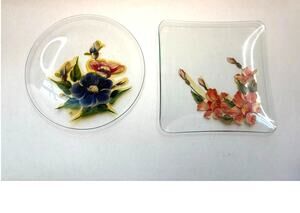 (2) Vintage Chance? Hand Painted Glass Plate Decorative Plates Floral Reverse